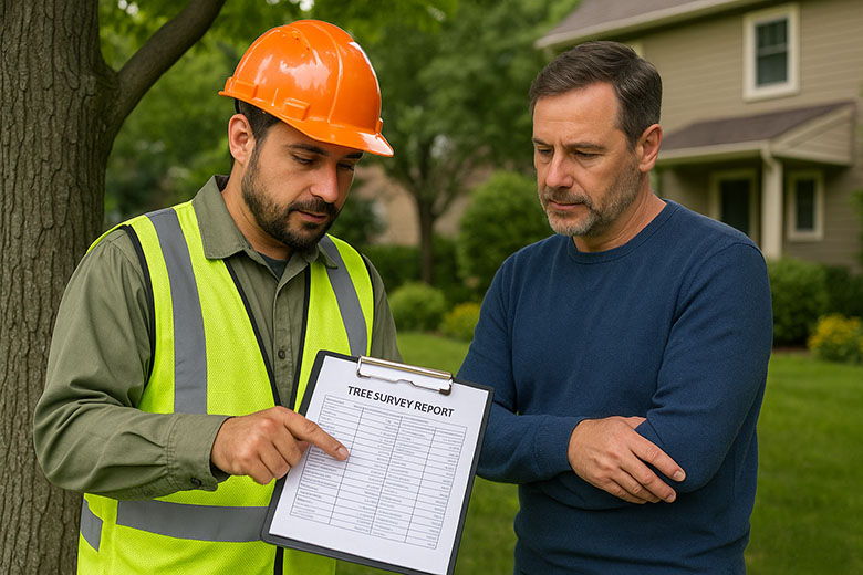 The arborist and homeowner review the tree survey report before planning construction.