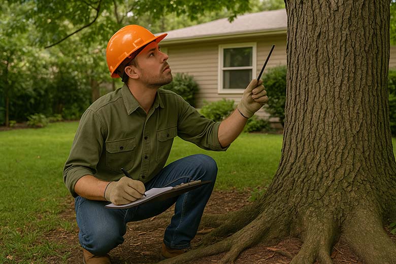 Arborist performing a tree risk assessment in a residential backyard.