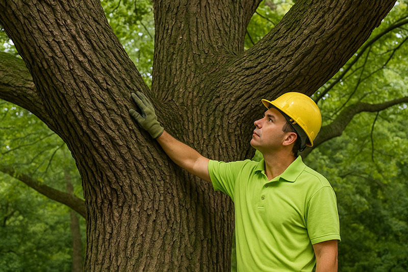 ISA-certified arborist inspecting a large tree before installing a support cable.