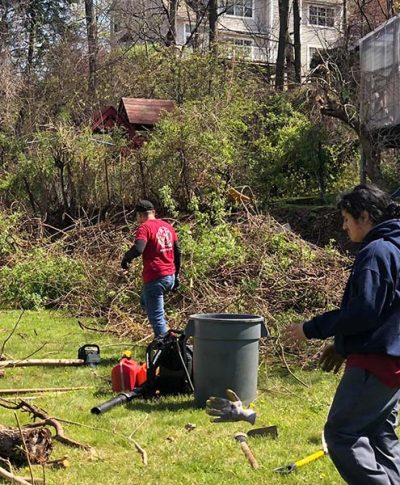 Two individuals in red and blue shirts work together on a yard cleanup, surrounded by piles of brush and gardening tools.