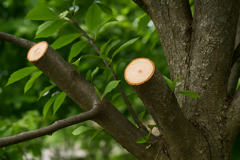 Close-up of tree branches after professional pruning, showing clean cuts and healthy growth.