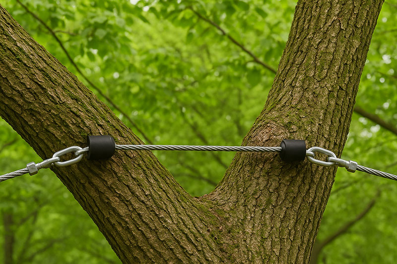 A tree cable system is installed between two large branches to prevent splitting.