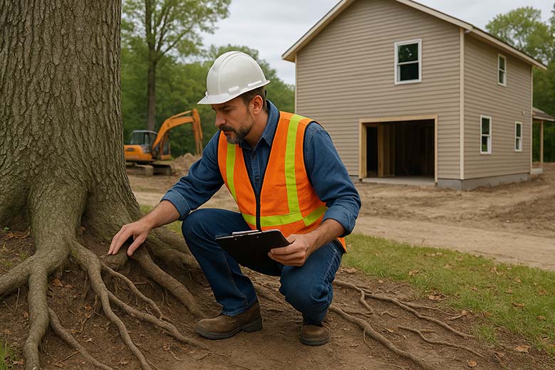 Tree consultant examining roots near a home construction site in New Rochelle, NY.