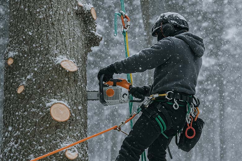Tree removal in winter with an arborist using ropes and rigging for safety
