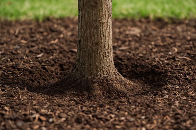 Tree trunk flare positioned adequately above the soil line.